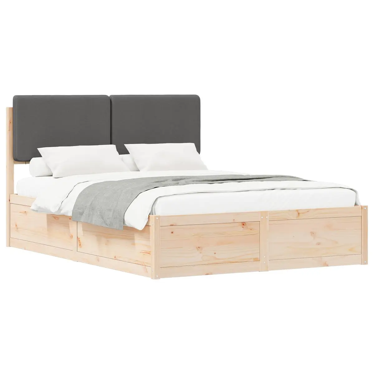 Bed Frame Upholstered Headboard Grey 135 x 190 cm Solid Pine Wood Modern Furniture