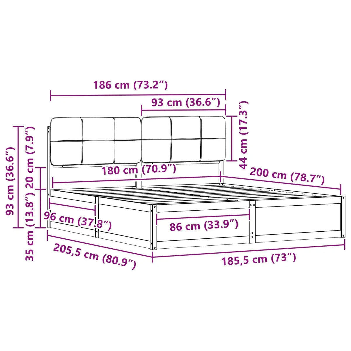 Bed Frame Upholstered Headboard Grey 180 x 200 cm Solid Pine Wood Modern