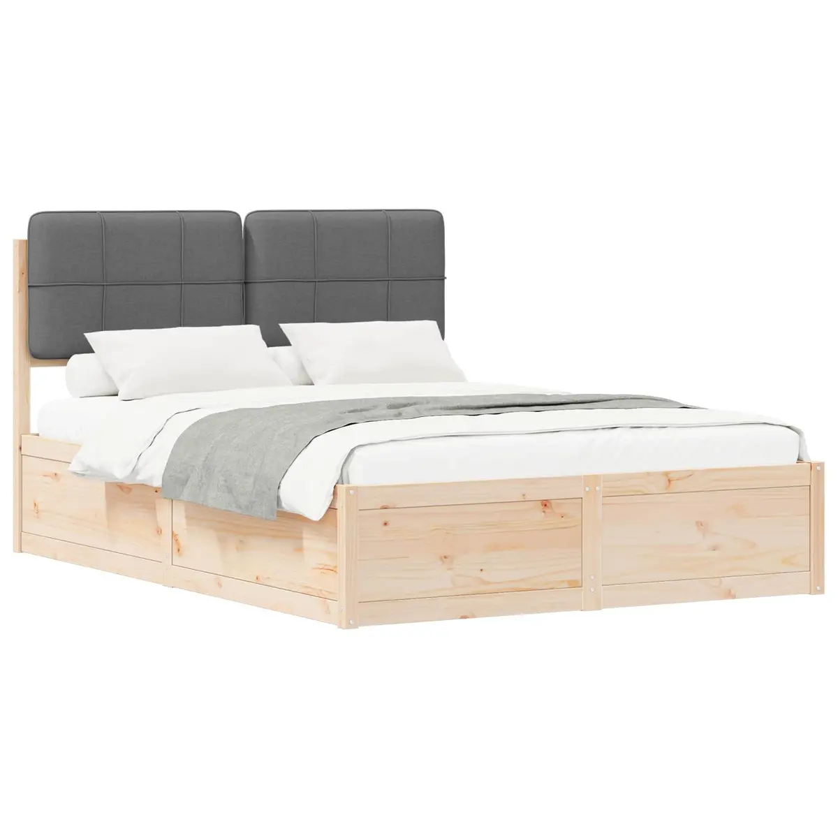 Bed Frame Upholstered Headboard Grey 150 x 200 cm Modern Solid Pine Wood Platform