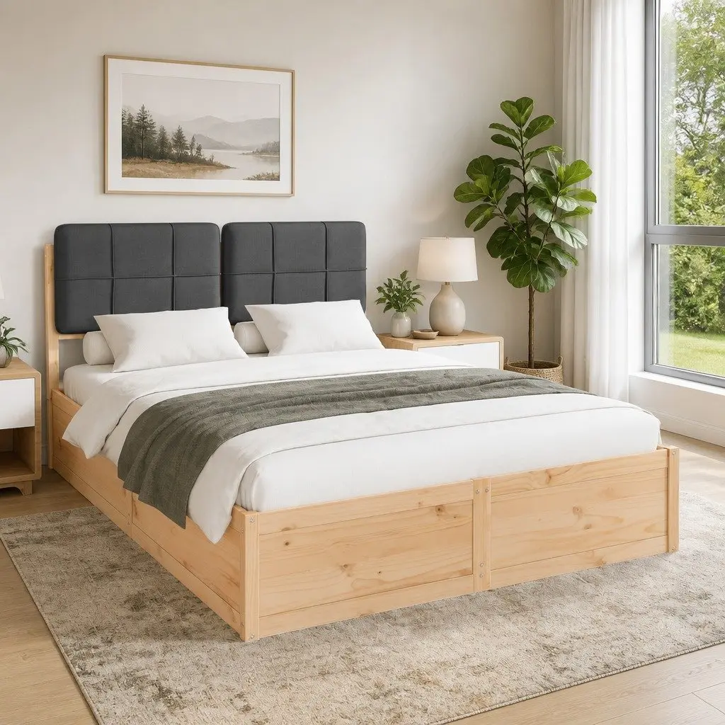 Bed Frame Modern Grey 135 x 190 cm Upholstered Headboard Solid Pine Wood Platform