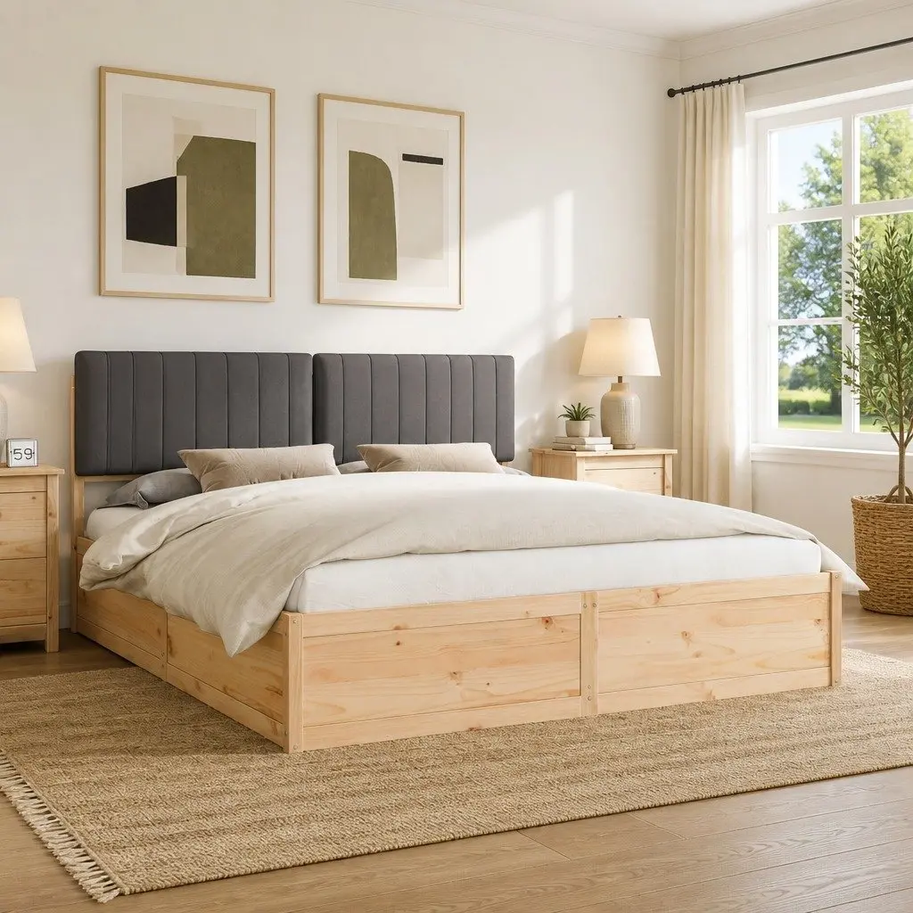 Solid Pine Wood Bed Frame with Upholstered Headboard Dark Grey 180x200cm