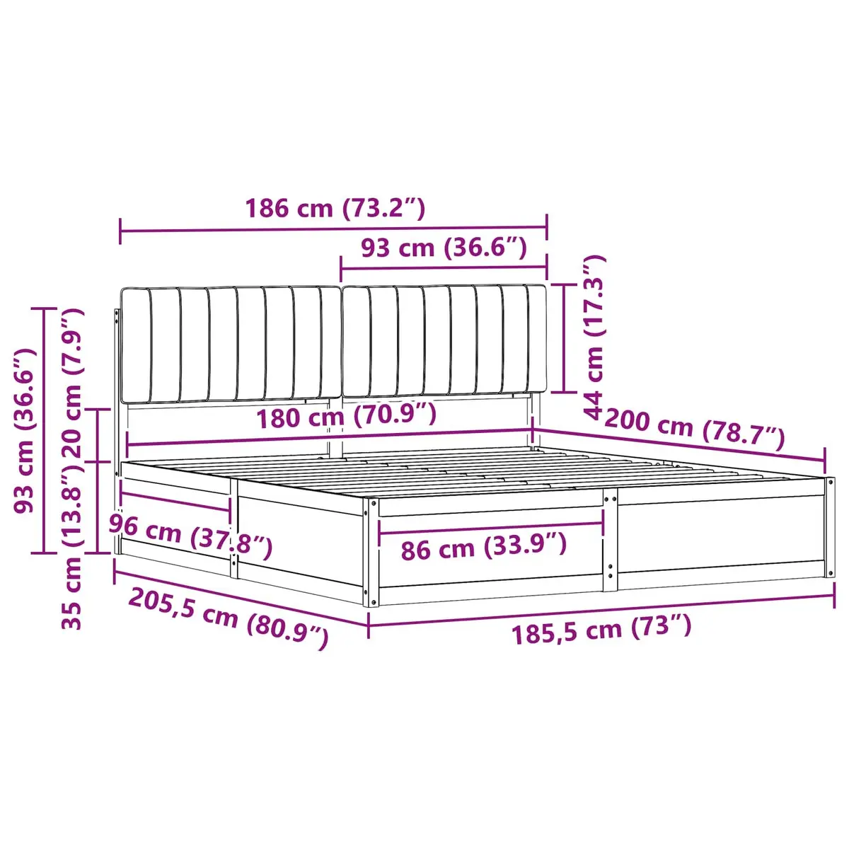 Solid Pine Wood Bed Frame with Upholstered Headboard Dark Grey 180x200cm