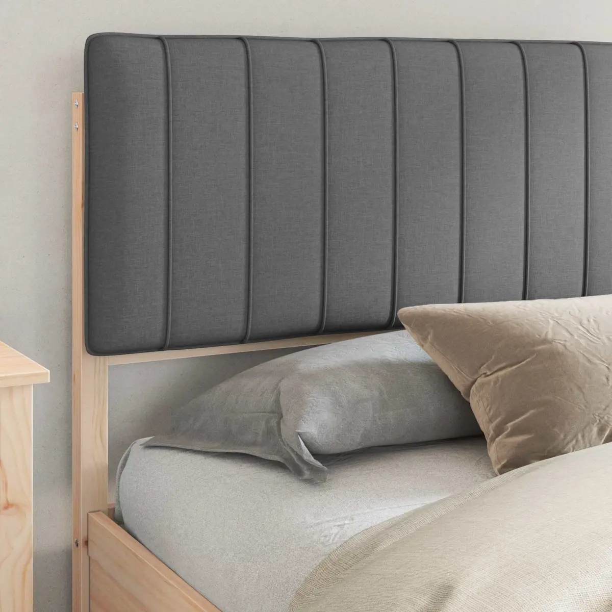 Solid Pine Wood Bed Frame with Upholstered Headboard Dark Grey 180x200cm