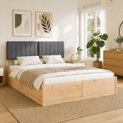 Grey Wooden Bed Frame with Upholstered Headboard 150x200cm