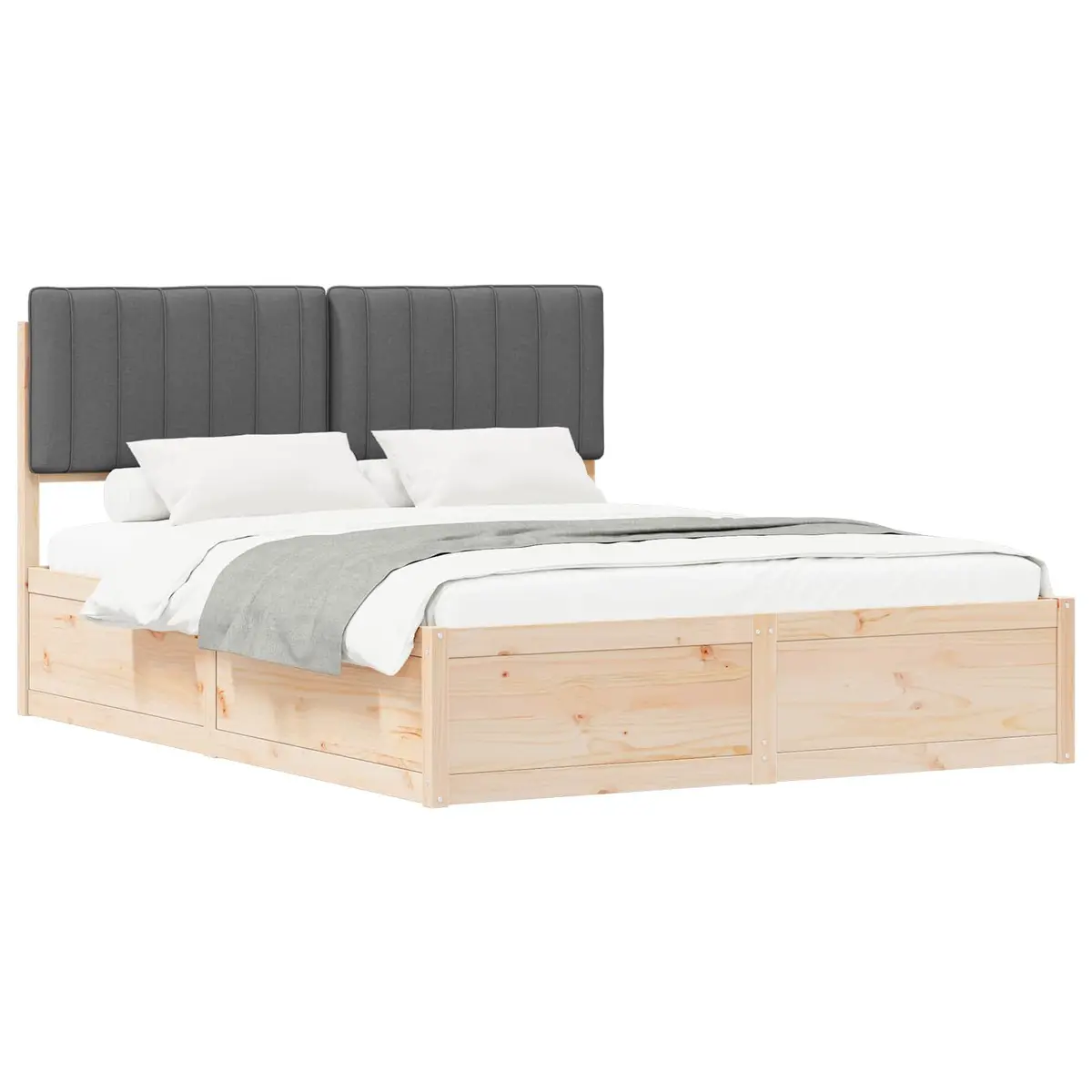 Wooden Bed Frame Grey Upholstered Headboard Platform Slatted Base 150x200cm