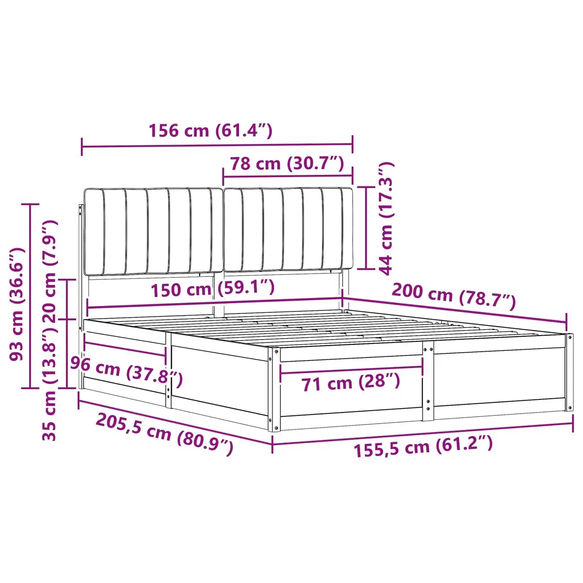 Wooden Bed Frame Grey Upholstered Headboard Platform Slatted Base 150x200cm