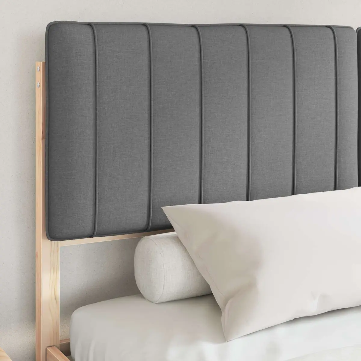 Wooden Bed Frame Grey Upholstered Headboard Platform Slatted Base 150x200cm