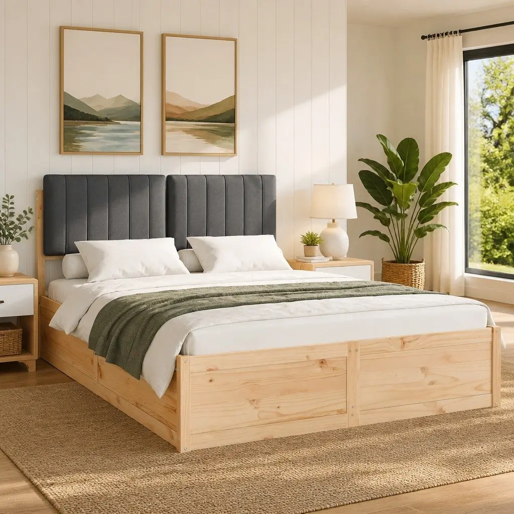 Upholstered Headboard Bed Frame Grey 135x190cm Solid Pine Wood Platform Slatted Base