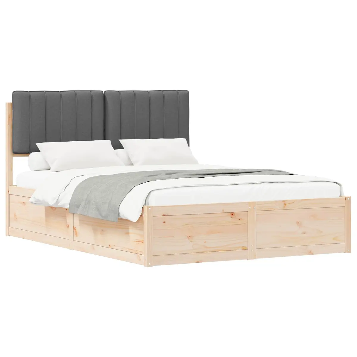 Upholstered Headboard Bed Frame Grey 135x190cm Solid Pine Wood Platform Slatted Base