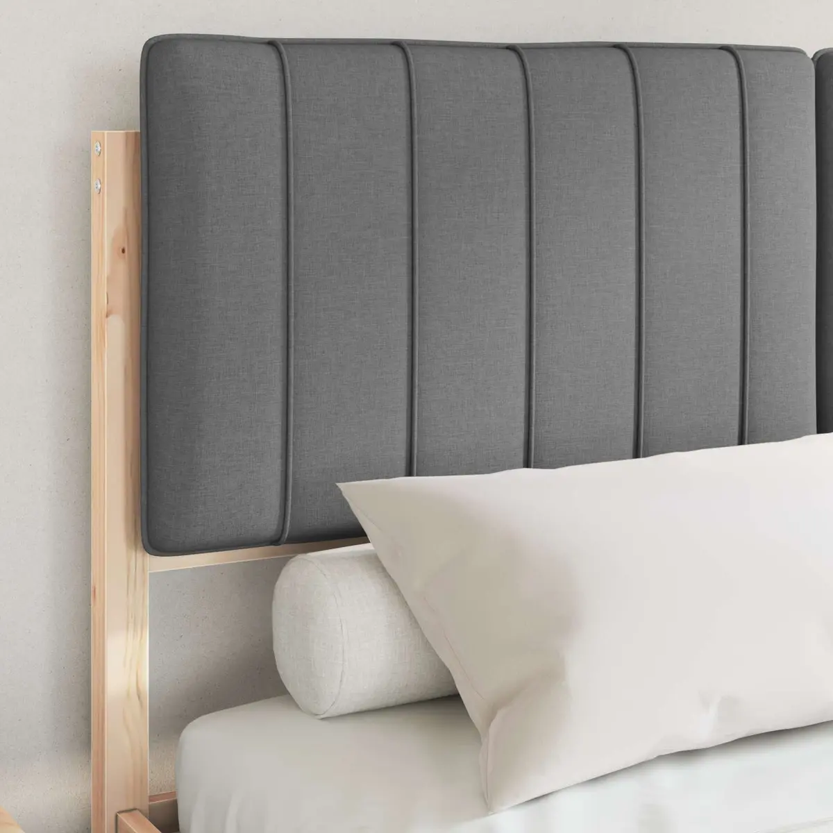 Upholstered Headboard Bed Frame Grey 135x190cm Solid Pine Wood Platform Slatted Base