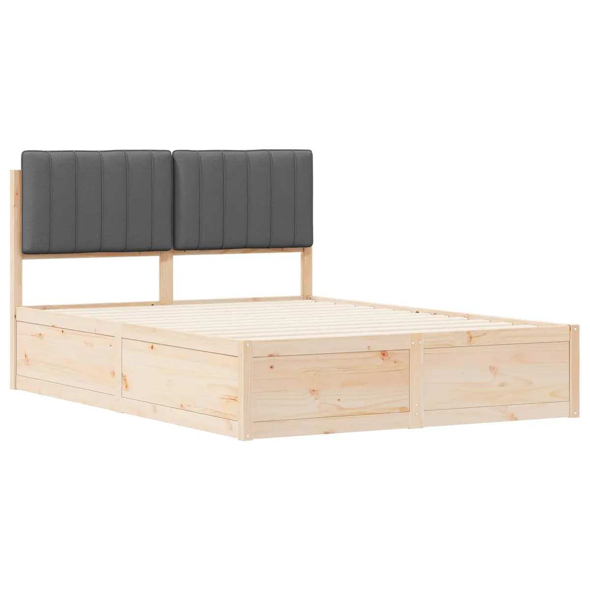 Upholstered Headboard Bed Frame Grey 135x190cm Solid Pine Wood Platform Slatted Base