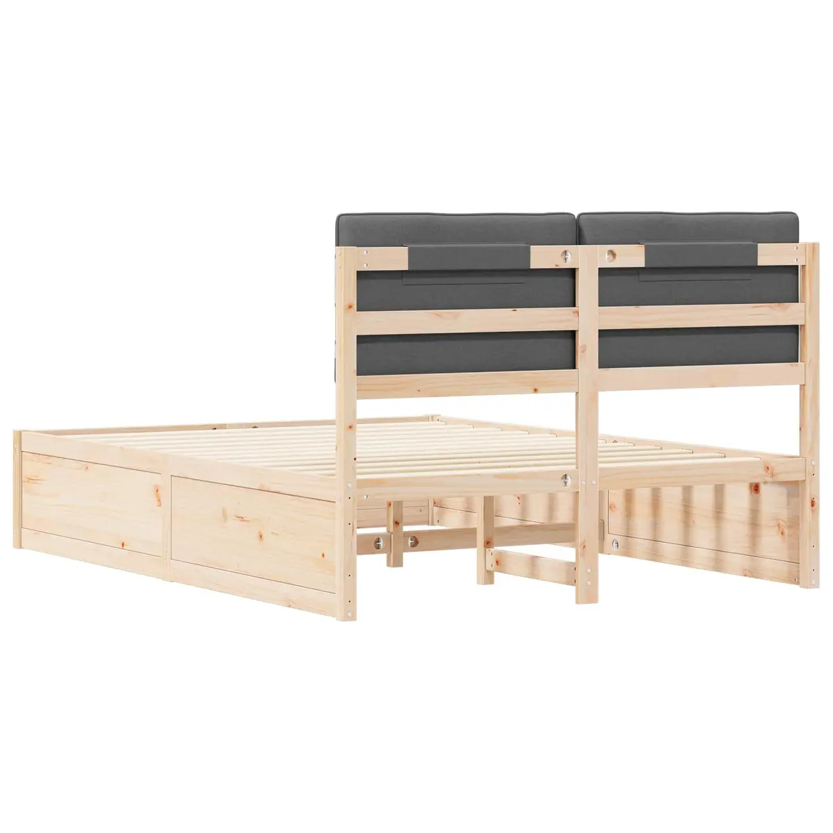 Upholstered Headboard Bed Frame Grey 135x190cm Solid Pine Wood Platform Slatted Base