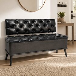 Vintage-Style Storage Bench with Backrest 110cm Black
