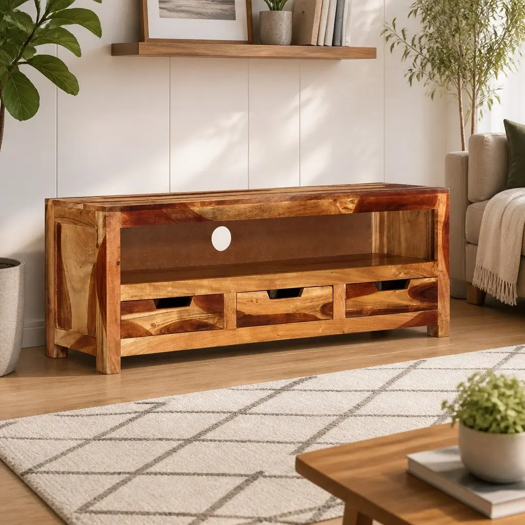 Brown Acacia Solid Wood TV Cabinet 110cm with Storage