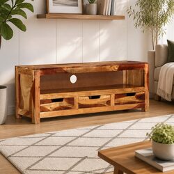 Brown Acacia Solid Wood TV Cabinet 110cm with Storage