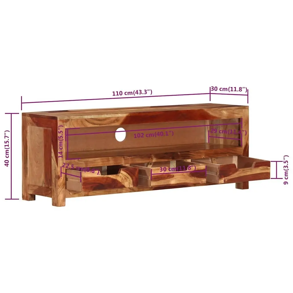 Brown Acacia Solid Wood TV Cabinet 110cm with Storage