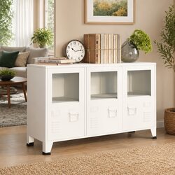 Charming Industrial White Storage Sideboard with Glass Doors