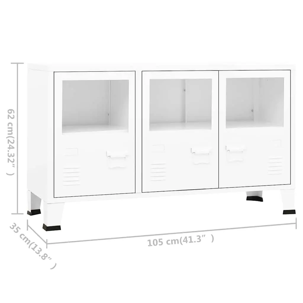 Industrial Sideboard White Storage Cabinet Glass Door Metal Frame Shelving Unit