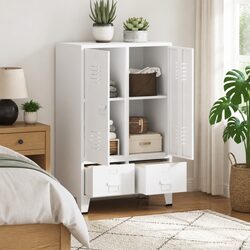 White Industrial Wardrobe Cabinet with 2 Drawers & 2 Shelves