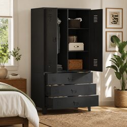 Warm Black Metal Wardrobe Storage Cabinet with 2 Shelves
