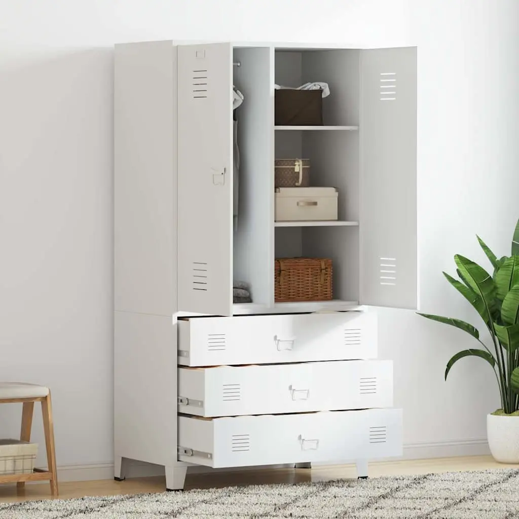 Metal Wardrobe Cabinet Industrial White 90x50x180 cm Metal 2 Shelves 1 Hanger