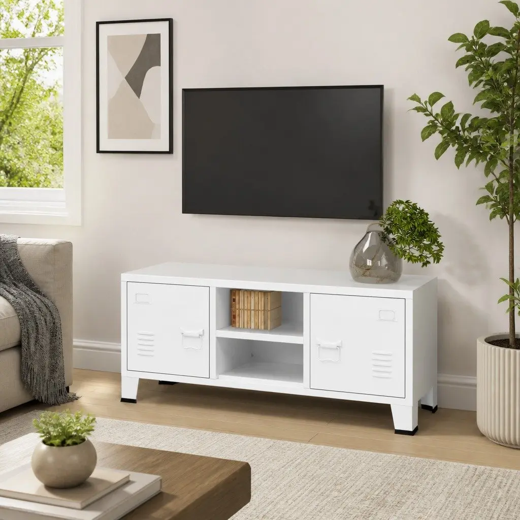 Industrial TV Cabinet White Metal Storage Unit with Doors Shelf Media Console