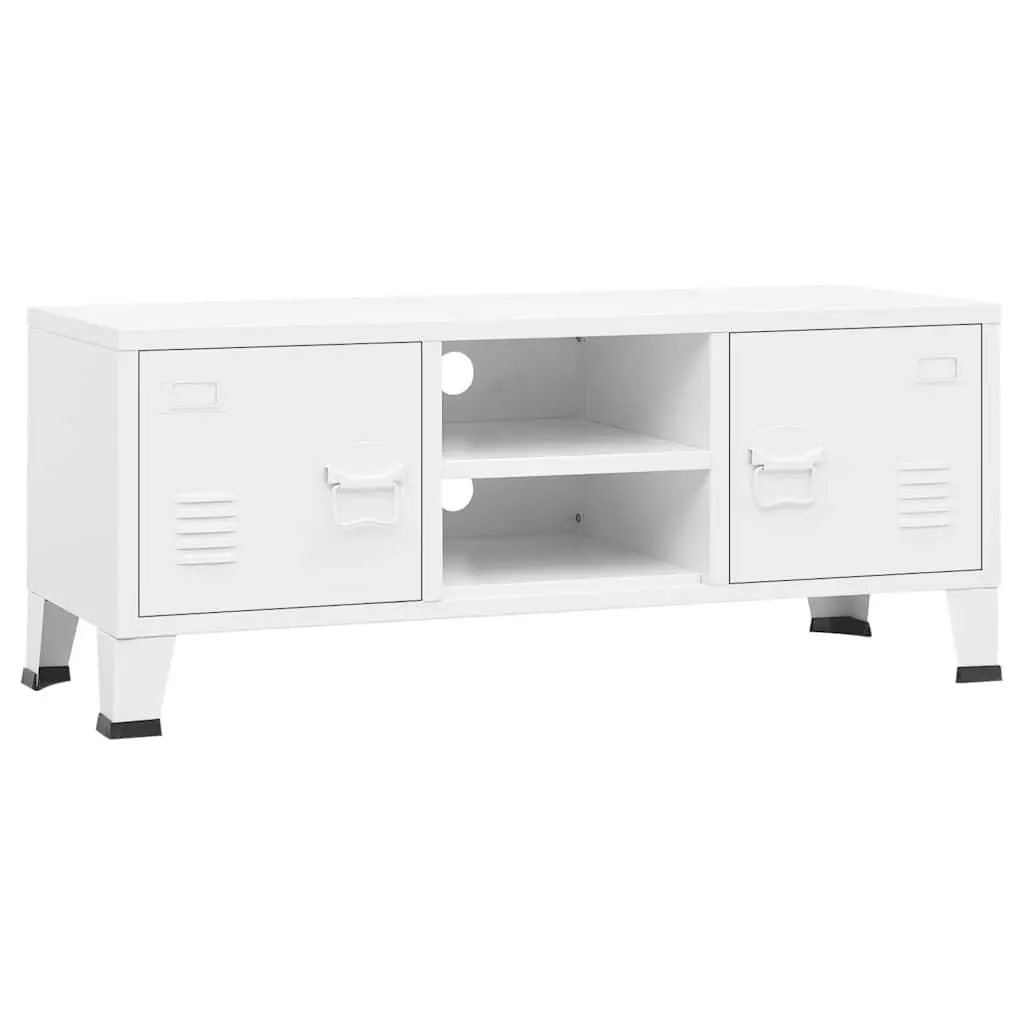 Industrial TV Cabinet White Metal Storage Unit with Doors Shelf Media Console