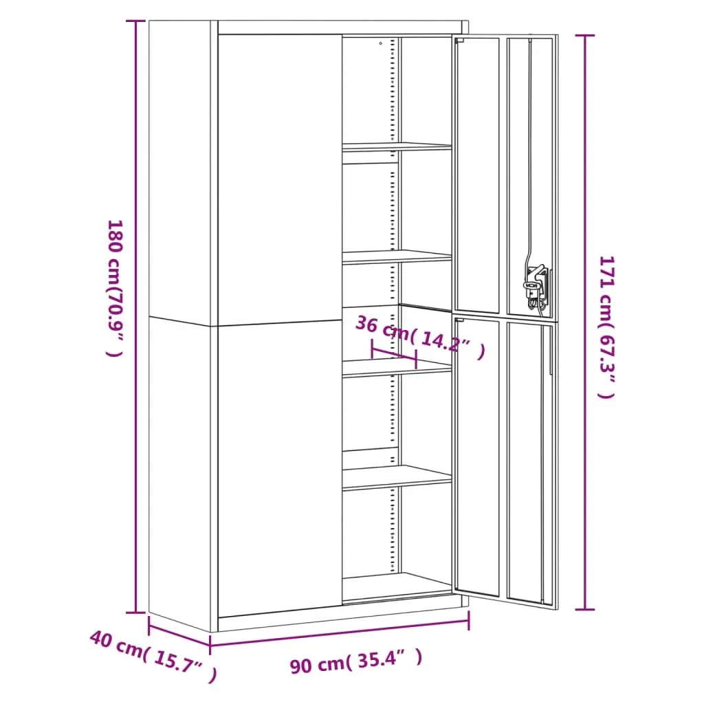 File Cabinet Grey Steel 4 Adjustable Shelves Lockable Storage Cupboard
