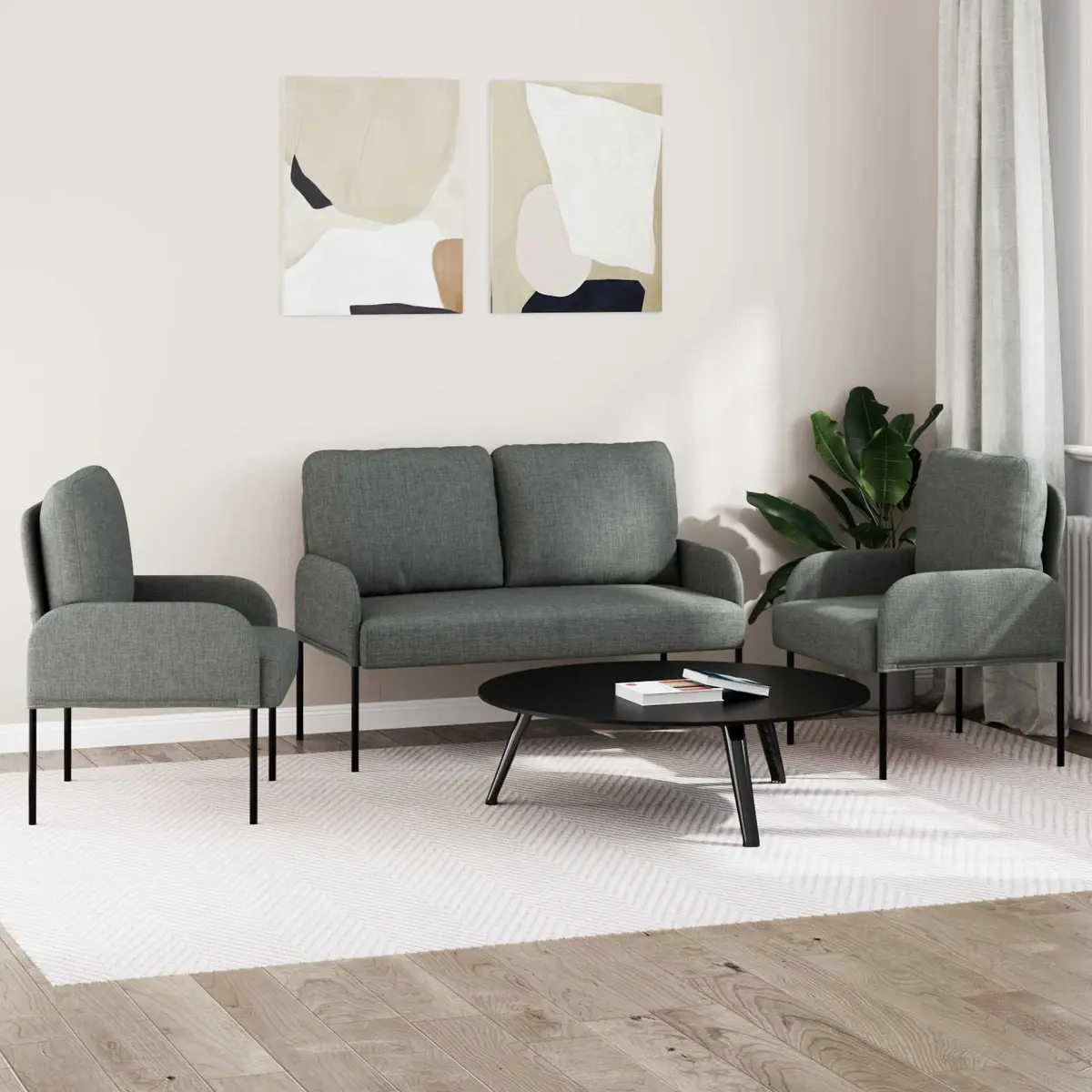3-Piece Sofa Set Modern Grey Polyester Indoor Furniture Plywood Frame Metal Legs