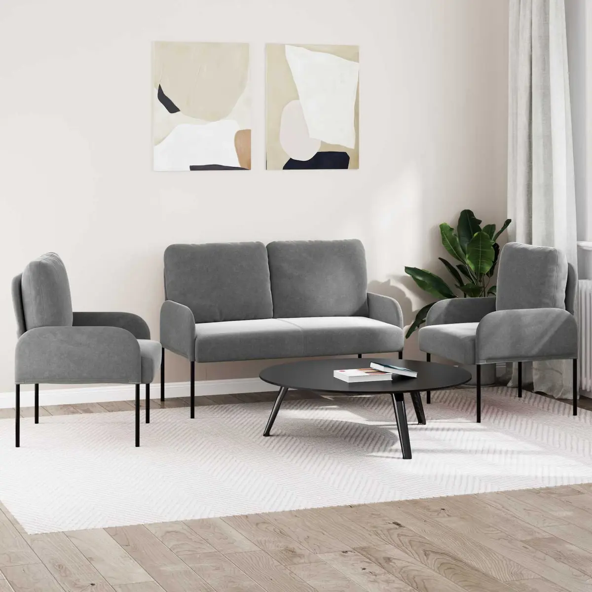 3 Piece Modern Sofa Set Grey Polyester