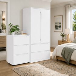 Elegant White Wardrobe Cabinet with Drawer for Bedrooms