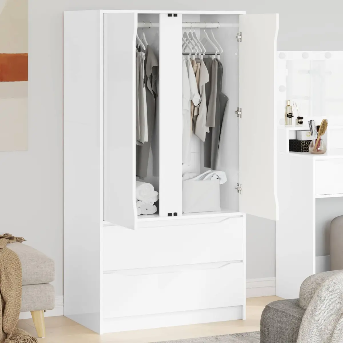 White Wardrobe Cabinet with Drawer Engineered Wood Bedroom Storage Cupboard