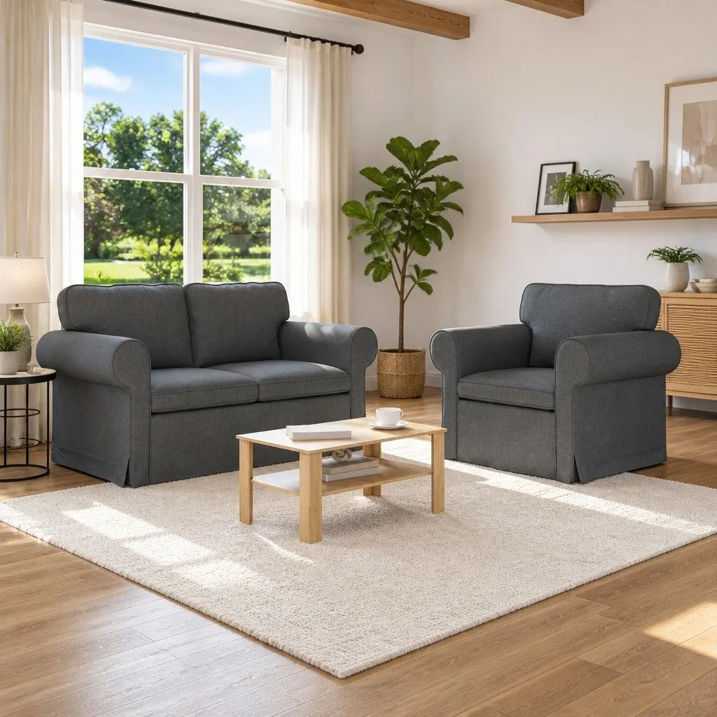 Sofa Set 2 Piece Modern Grey Fabric Living Room Furniture Contemporary Design