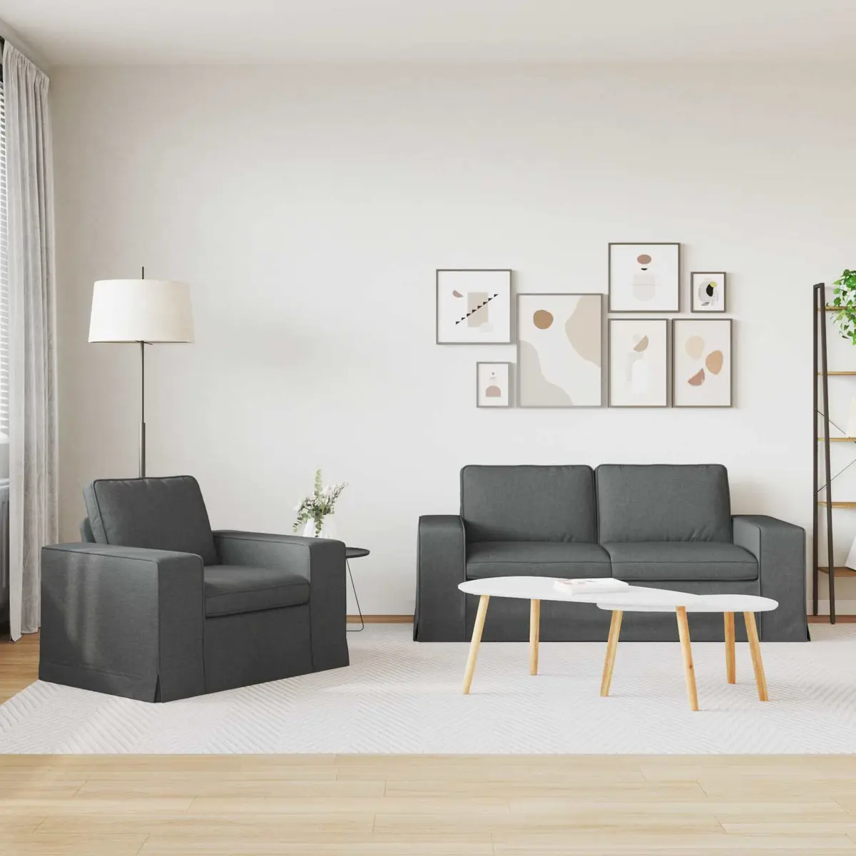 2-Piece Modular Sofa Set Grey Fabric Sectional Metal Frame Wooden Armrests Plastic Legs