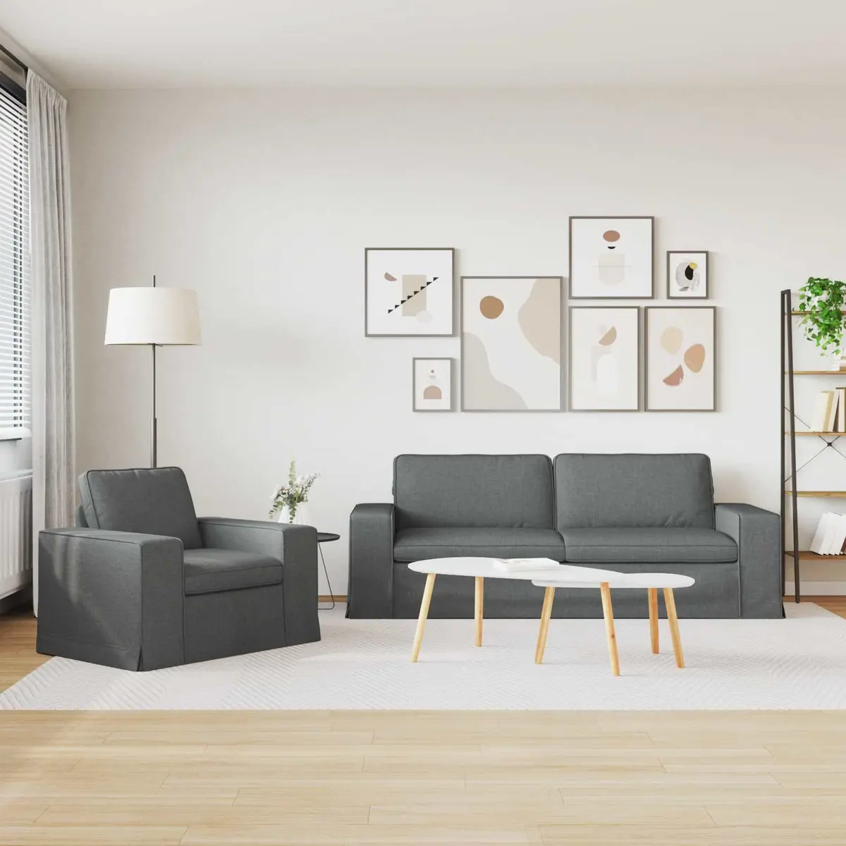 Sofa Set Modular Dark Grey Fabric 2 pcs Metal Frame Wooden Armrests