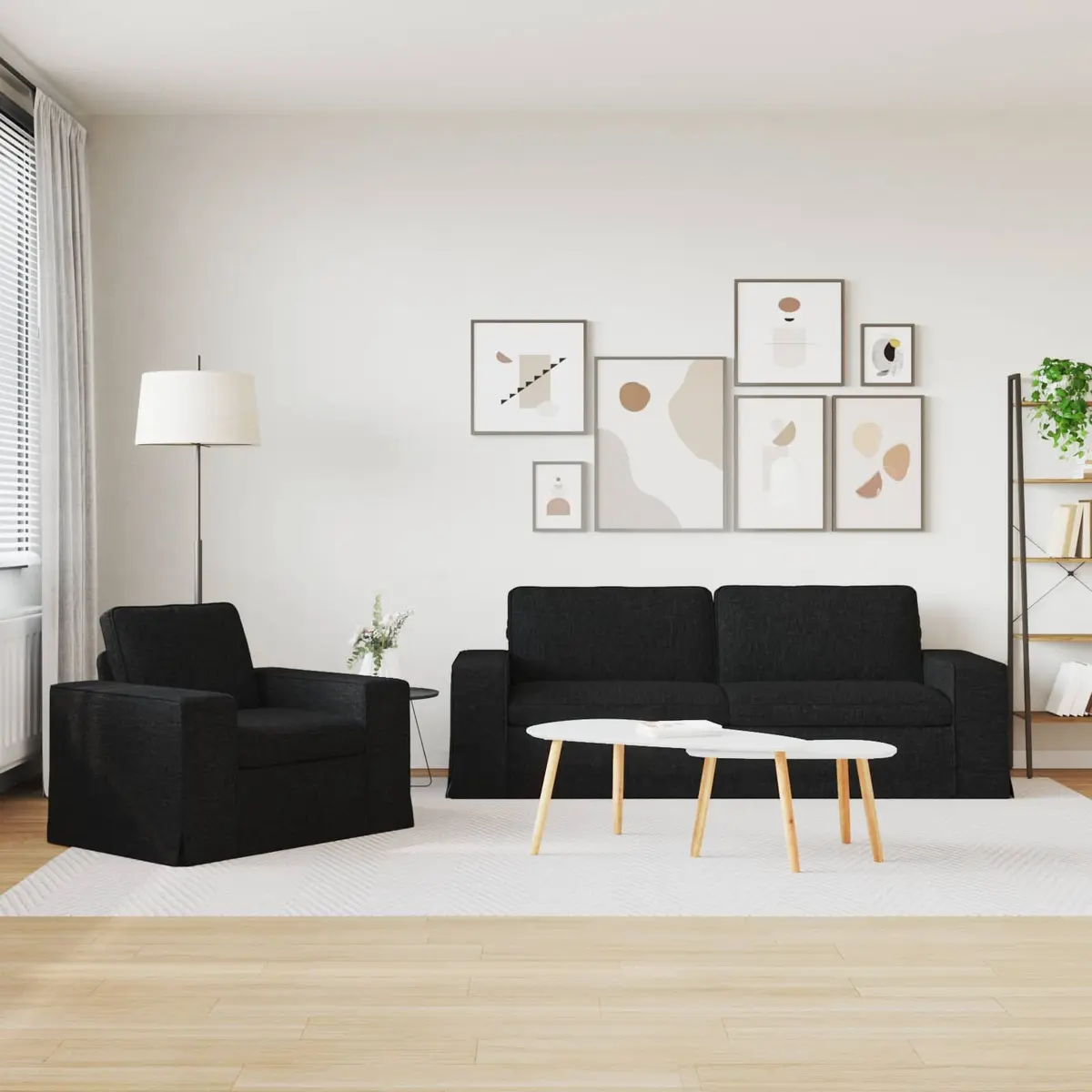 Sofa Set Black Modular Sectional 222cm Metal Frame Wooden Armrests Foam and Fibre Cushions
