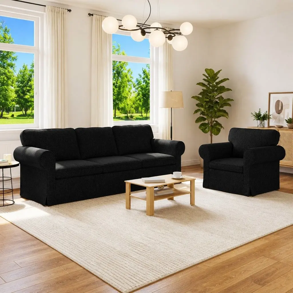 Sofa Set Black Modular 245cm Metal Frame Fabric Upholstery Engineered Wood Armrests