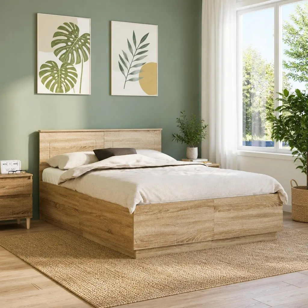 Bed Frame Brown 150x200cm Engineered Wood Adjustable Headboard LED Lights USB