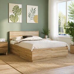 Brown Engineered Wood Bed Frame 150x200cm with LED Lights
