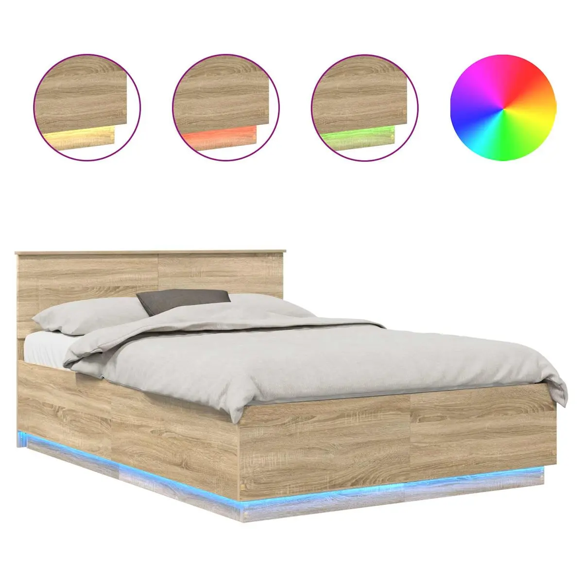Bed Frame Brown 150x200cm Engineered Wood Adjustable Headboard LED Lights USB