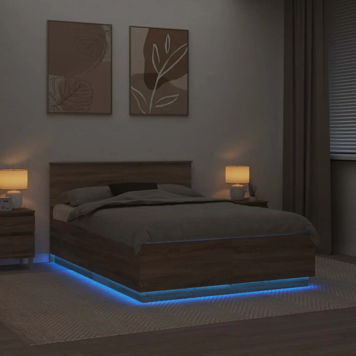 Bed Frame Brown 150x200cm Engineered Wood Adjustable Headboard LED Lights USB