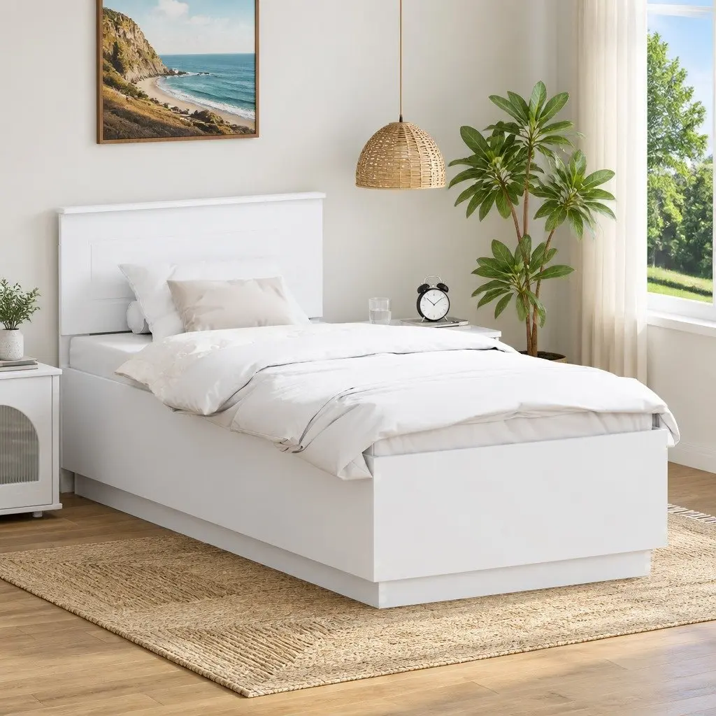 Bed Frame White 90 x 190 cm Engineered Wood Adjustable Headboard LED Lights USB