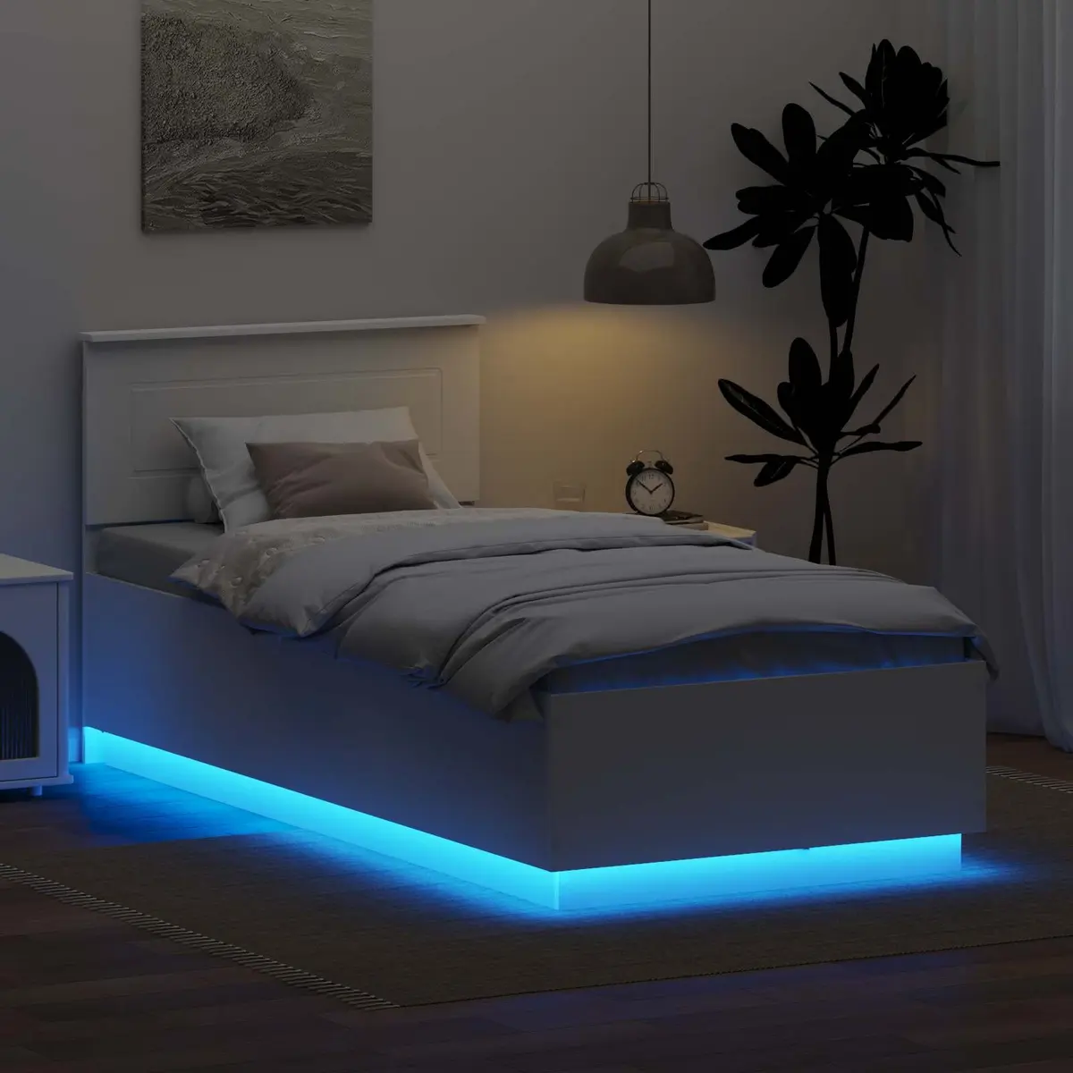 Bed Frame White 90 x 190 cm Engineered Wood Adjustable Headboard LED Lights USB