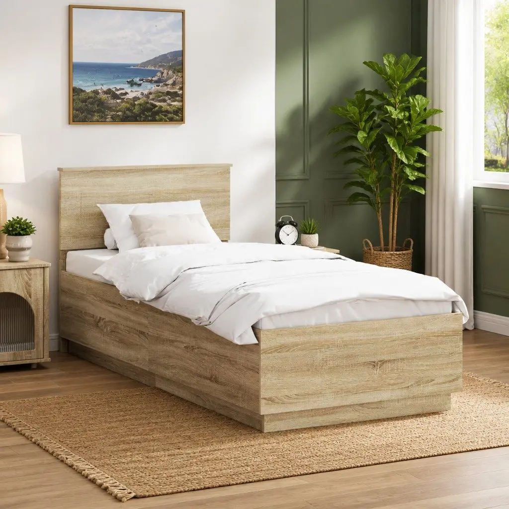 Brown Bed Frame with Headboard and USB Charging 90 x 190 cm