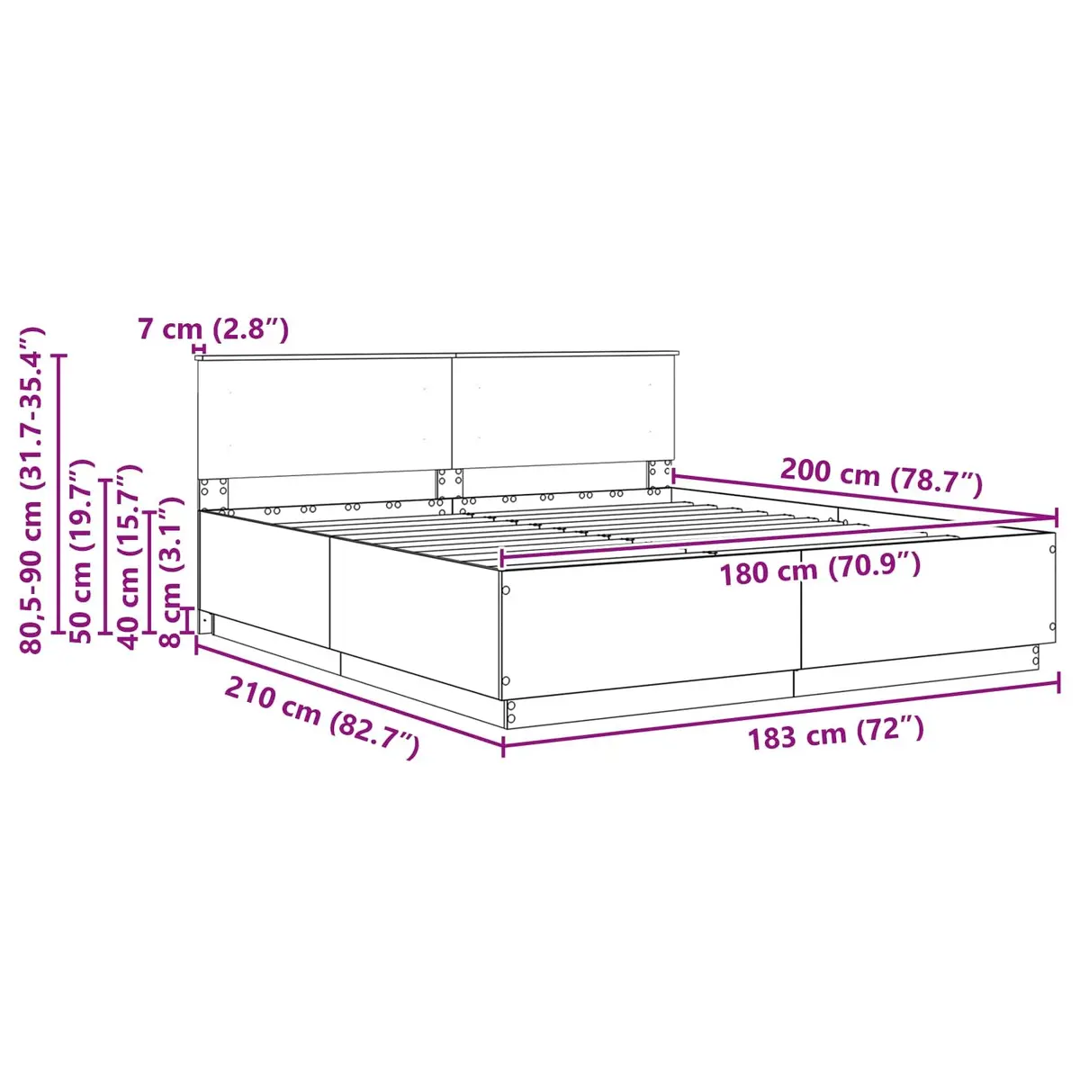 Bed Frame White 180 x 200 cm Wall-Mounted Headboard Modern Engineered Wood