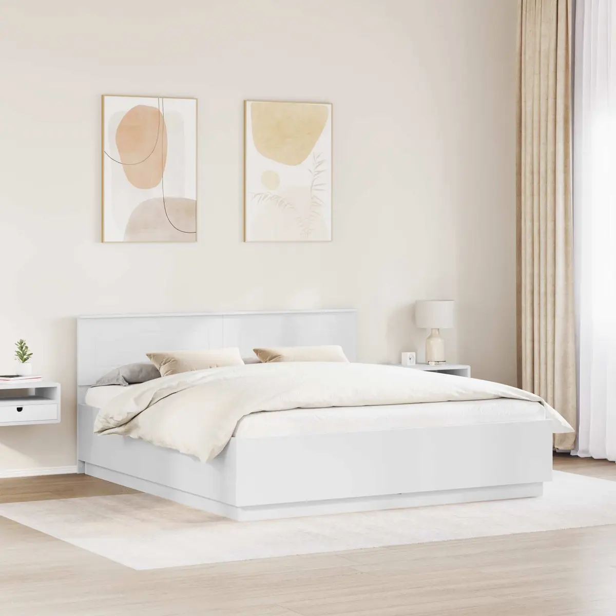 Bed Frame White 180 x 200 cm Wall-Mounted Headboard Modern Engineered Wood