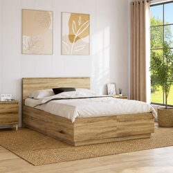 Modern Brown Bed Frame with Adjustable Wall-Mounted Headboard