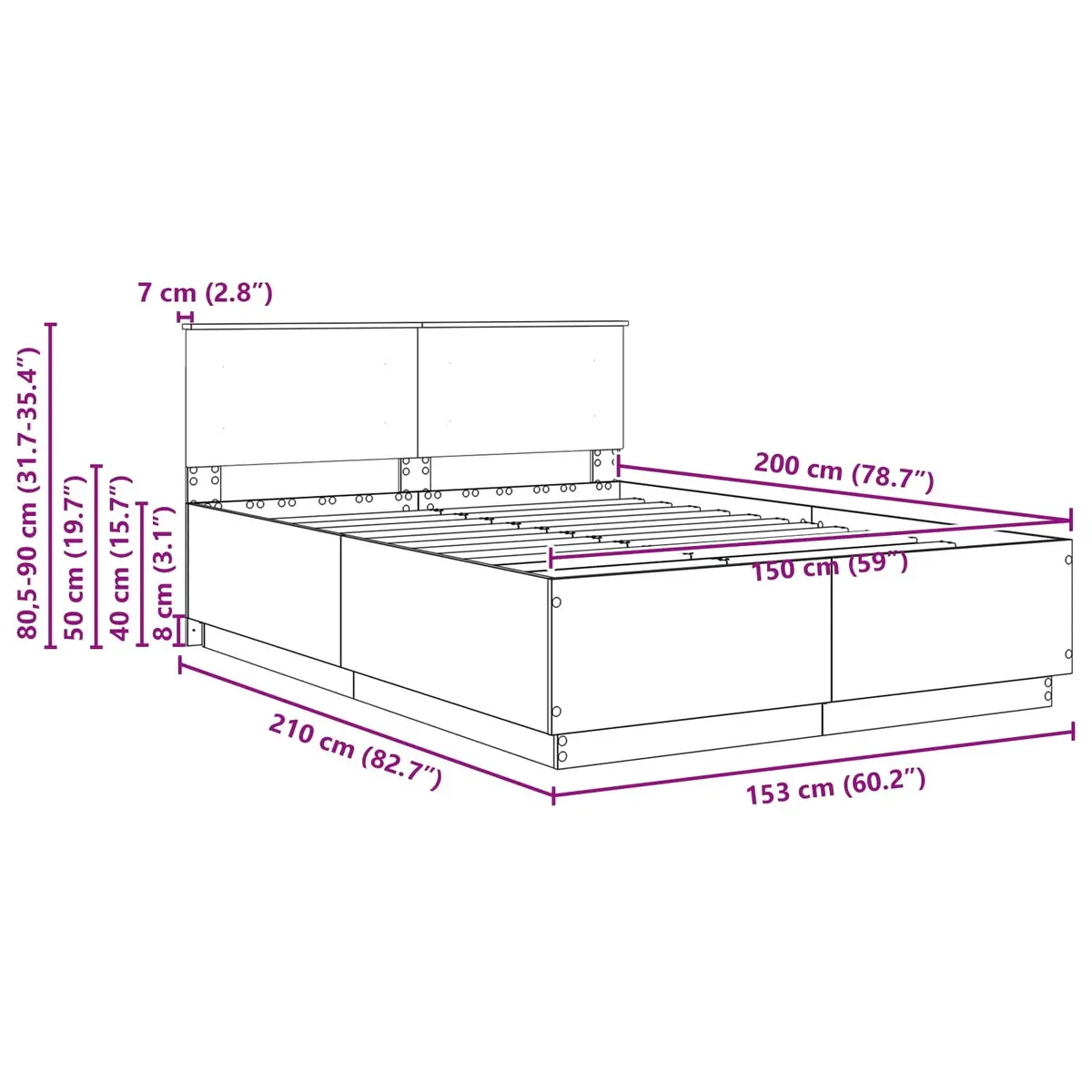 Bed Frame Brown Modern 150 x 200 cm Wall-Mounted Headboard Engineered Wood