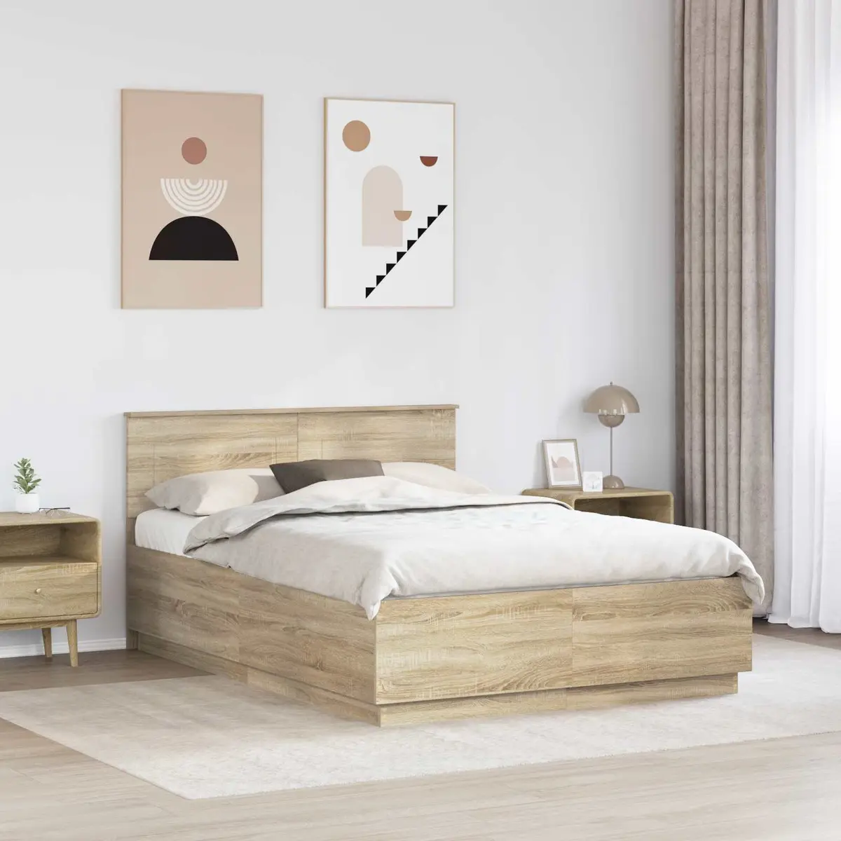 Bed Frame Brown Modern 150 x 200 cm Wall-Mounted Headboard Engineered Wood