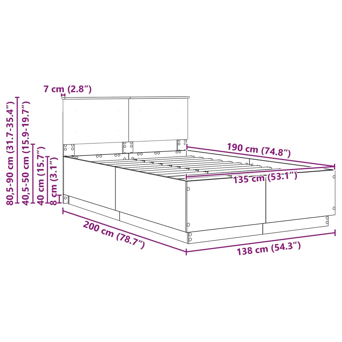 White Bed Frame with Adjustable Headboard 135 x 190 cm